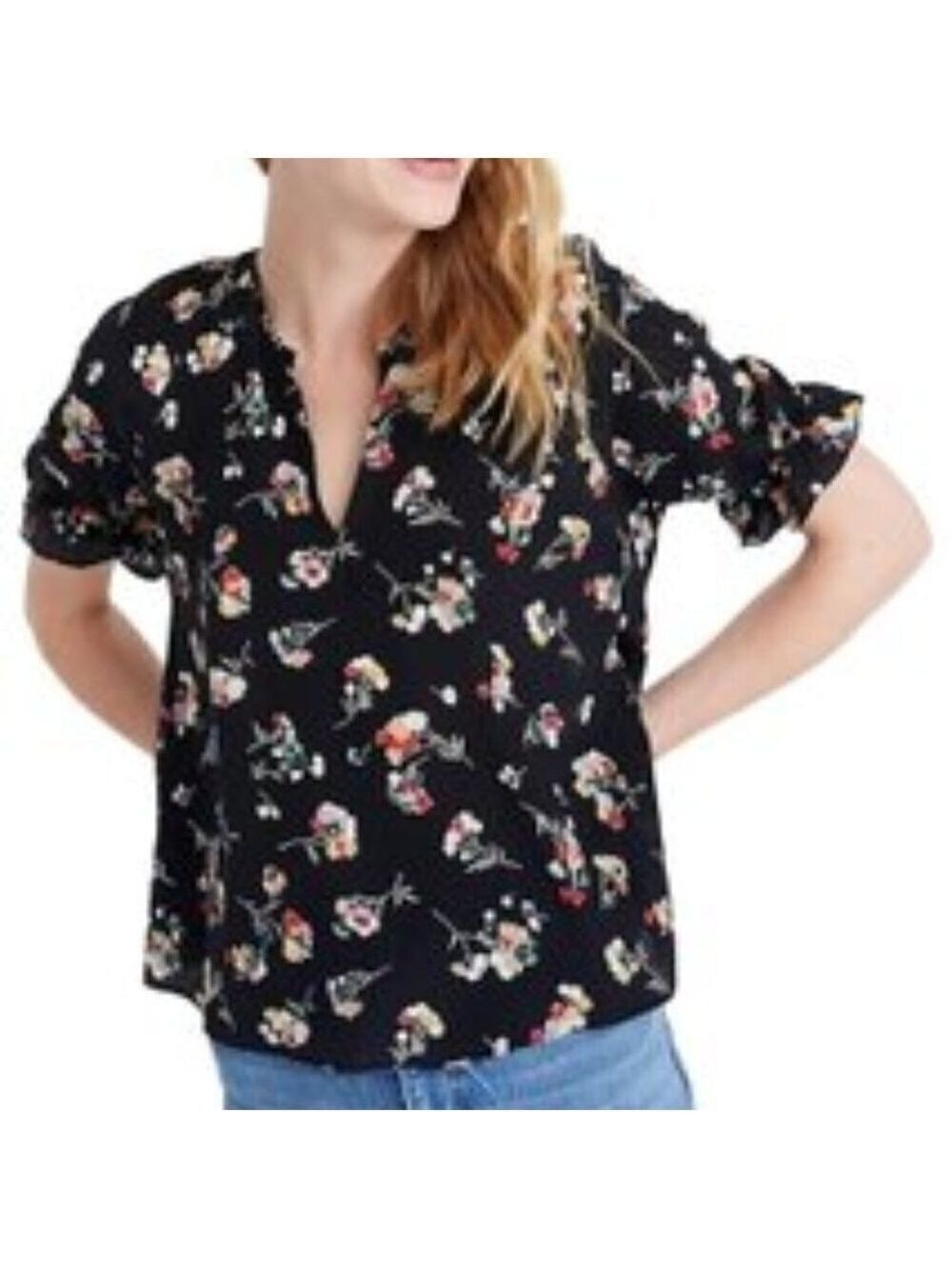 𝅺MADEWELL BNWOT Black Floral Vneck Ruffle Short Sleeve Top  Sz XSmall Silk